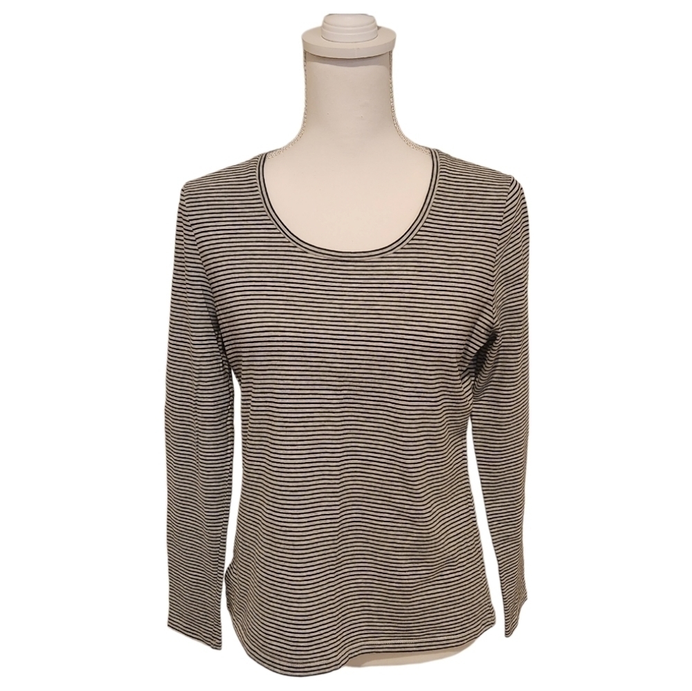 ANN Taylor Petite Black and Gray Striped Long Sleeve Tee Shirt, Large Petite